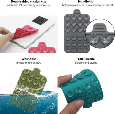 Double Sided Silicone Suction Phone Mount (2 Pack), Each Side 24 Strong Suction Cups Mobile Phone Holder, Cell Phone Grip Stand for Selfies and Vi...