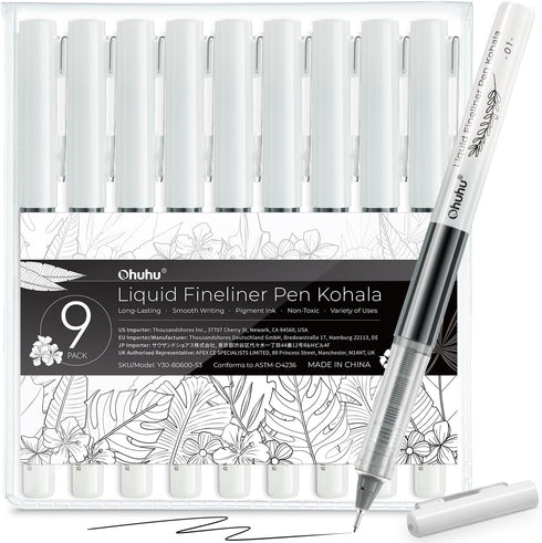 Ohuhu Liquid Fineliner Drawing Pens: 9 Sizes Liquid Fineliner Pens Pigment Black Ink Micro Pens Assorted Point Sizes Smooth Writing for Drawing Sk...