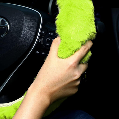 9 Pcs Father's Day Fluffy Car Accessories Set Soft Furry Steering Wheel Covers Set for Men Universal 15 Inches for Men Car Decoration, Lime Green...