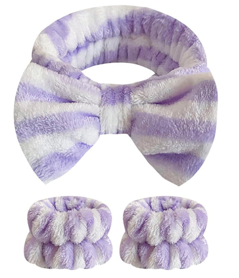 Spa Headband and Matching Wrist Bands for Washing Face, Fuzzy Skincare Bow Headbands, Soft Facial Makeup Head Bands, Shower Hair Sleepover Party S...