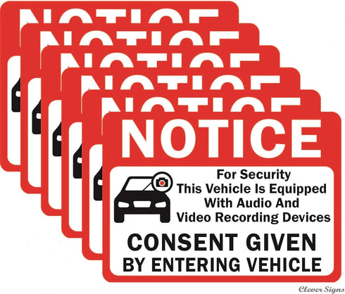 6-Pack Double Sided 3.5"x2.5"- Notice Vehicle is Equipped With Audio And Video Recording Devices Consent By Entering Car Sticker-Double Sided Viny...