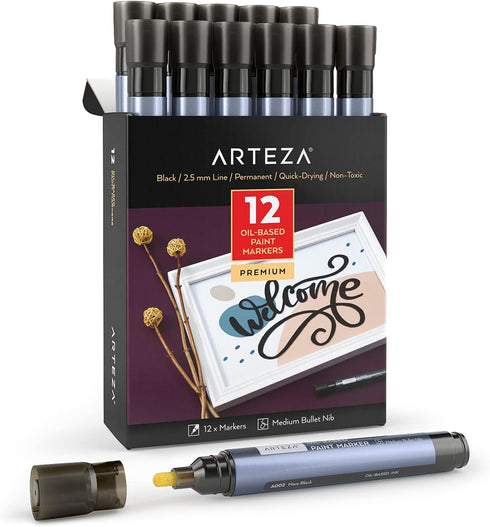 ARTEZA Oil Based Paint Markers, 12-Pack, Black, 2.5 mm Permanent Pens, Waterproof Craft and Art Supplies for Stone, Wood, Glass, Metal, Canvas, Pa...