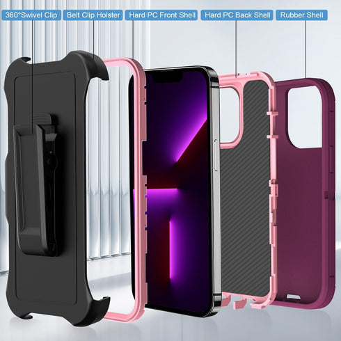 FEIYAR HOME for iPhone 13 Pro Max Heavy Duty Case with 2 Tempered Glass Protectors and Camera Lens Protector, Belt Clip Holster Kickstand - Milita...