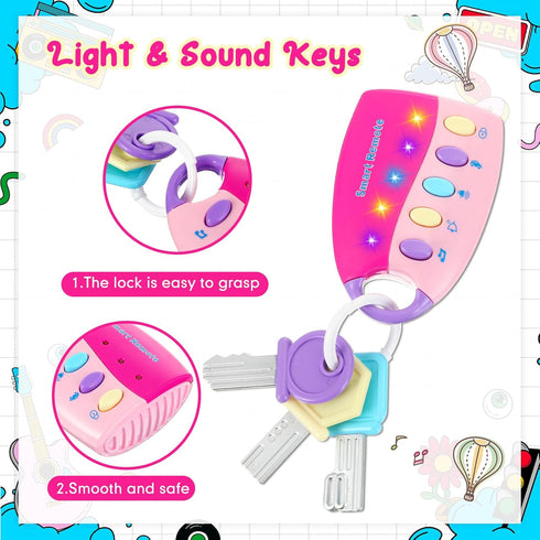 Skylety Musical Smart Remote Key Toy Fake Car Toy Keys with Sound and Lights Fun and Educational Key Toys for Travel Play (Pink)...