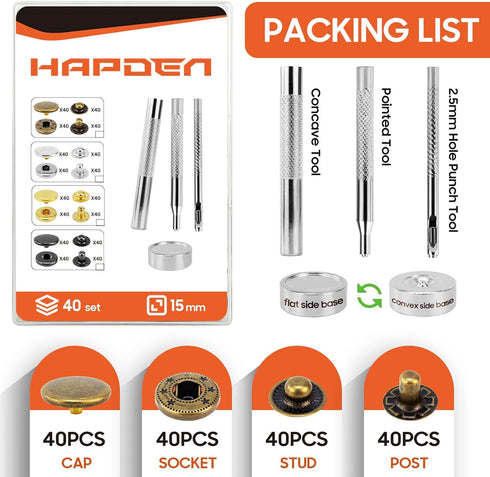 Leather Snaps and Fasteners Kit?15mm 40sets Metal Snap Buttons with Setter Tools? Sewing Snaps for Clothing?Fabric?Leather, Clothes, Jackets, Bags...