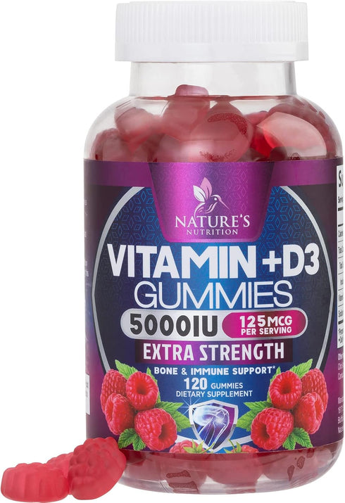 Vitamin D3 Gummies 5,000 IU 125 mcg - Extra Strength to Support Bone Health and Natural Immune Support - Delicious, Non-GMO, Tasty Gummy for Child...