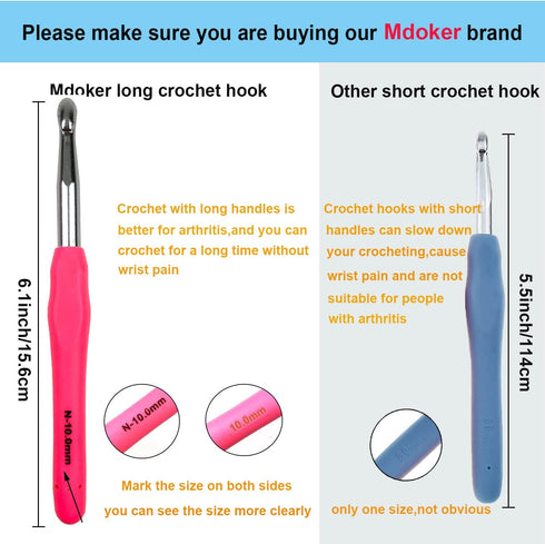 Mdoker Extra Long Crochet Hooks Size(2.25mm-10mm) Ergonomic Grip Soft Handles for Handmade DIY Crocheting Crochet Hook Needles for Arthritic Hands...