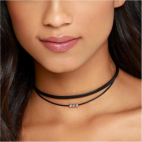 Boho Layered Leather Rope Necklace Choker Black Leather Cord Choker Necklace Gothic Leather Suede Necklace Chain Short Black Collar Necklace Jewel...