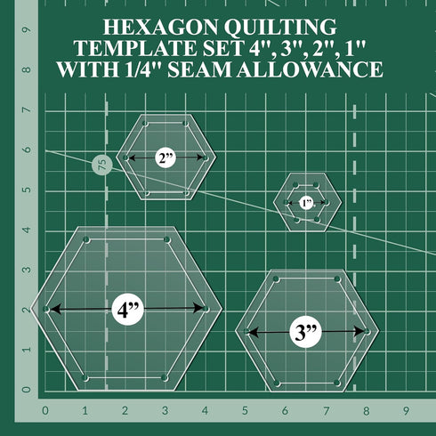 Hexagon Quilting Template Set - 4", 3", 2", 1" Sizes with 1/4" Seam Allowance - Durable Acrylic Templates for Quilting, Patchwork, Crafting, & Sew...