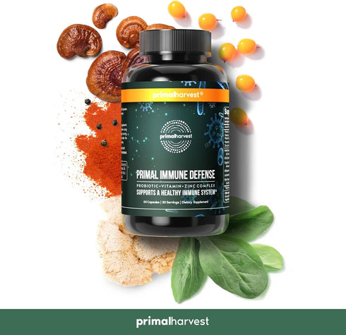 Primal Harvest Primal Immune Defense 10-in-1 Immune Defense Supplement: with 7 Billion CFU Probiotics, Zinc, Vitamins C, B6, D3, K2 - Immune Boost...
