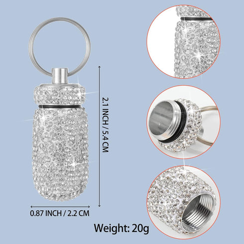 Bling Pill Case Portable Travel Pill Container Bottle Rhinestone Waterproof Small Pill Holder with Keychain Cute Mini Pill Storage Box for Outdoor...