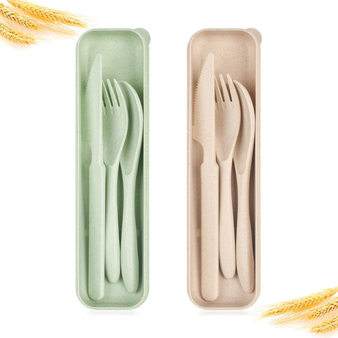 Travel Utensil Set with Case, 2 Sets Wheat Straw Reusable Spoon Chopstick Forks Tableware, Portable Cutlery Travel Picnic Camping or Daily Use ((B...