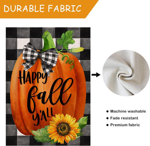 Happy Fall Y'all Farmhouse Pumpkin Decorative Burlap Garden Flag, Buffalo Plaid Check Home Yard Small Outdoor Decor, Rustic Autumn Harvest Sunflow...