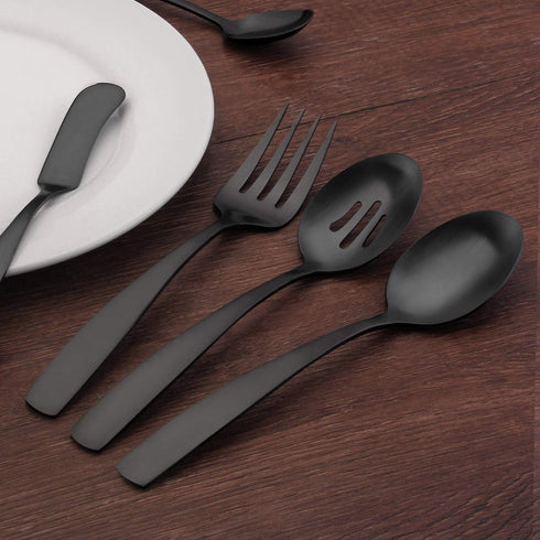 O.C.E. 5-Piece Matte Black Serving Flatware Silverware Set, Utensil Set of Stainless Steel, Satin Finish, Hostess Tableware Serving Set, Dishwashe...