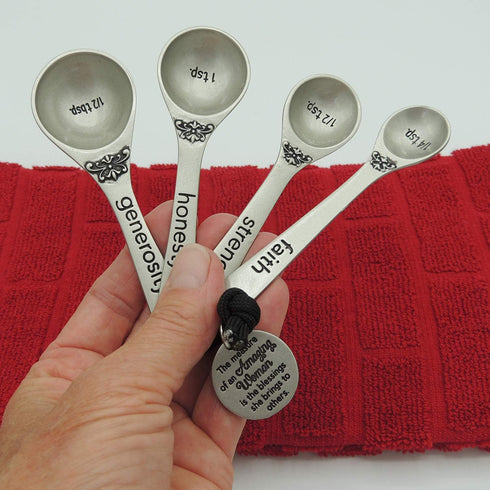Amazing Woman Measuring Spoon Set, Decorative Gifts and Kitchen Accessories, 4 Spoons, Engraved Pewter and Silver Enamel, By Abbey & CA Gift...