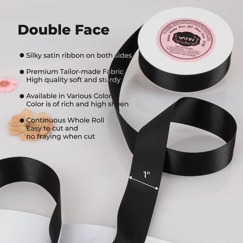 VATIN Double Face Black Satin Ribbon 1" Continuous 25 Yards,Black Polyester Fabric Ribbon use for Bows Bouquet, Gift Wrapping, Floral Arrangement ...
