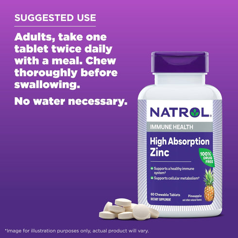Natrol High Absorption Zinc 7.5 mg per serving, Dietary Supplement for Immune Health, Chewable Tablets for Adults, 60 Zinc Tablets, 60 Day Supply...