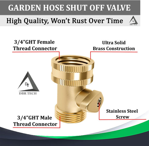 Heavy Duty Brass Shut Off Valve, Garden Connector Attachment with Rubber Washers for Outdoor Lawn and Gardening Hoses, Leak Resistant Threading, 3...