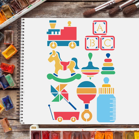 FINGERINSPIRE 4 Pcs Baby Theme Stencils Template 11.6x8.3 Inch Plastic Baby Bottle Stroller Reusable Drawing Painting Stencils for Wood, Floor, Wa...