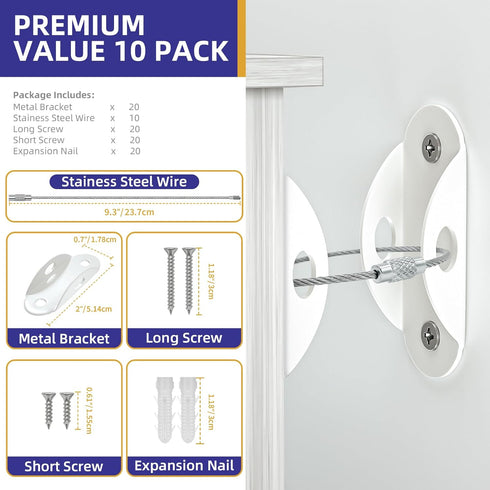 4our Kiddies 10 Pack Furniture Anchors for Baby Proofing, Anti Tip Furniture Wall Anchors, Secure 400 Pounds Cabinet, Bookcase, Dresser to Wall, E...