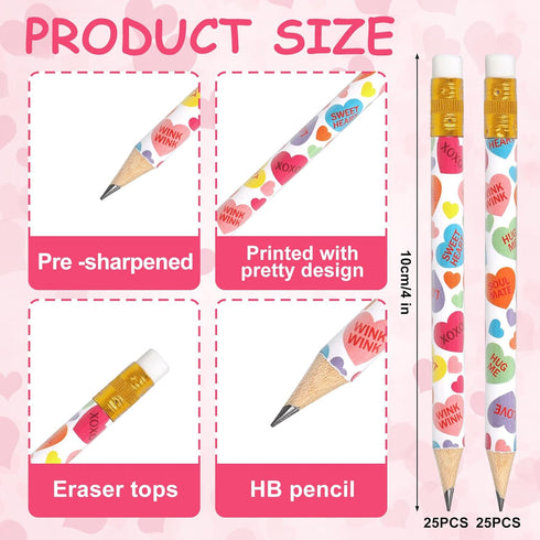 50Pcs Valentine's Day Short Pencil with Erasers 4 Inch Conversation Heart Writing Pencils 2 Styles Colorful Wood Half Pencils for Holiday School O...