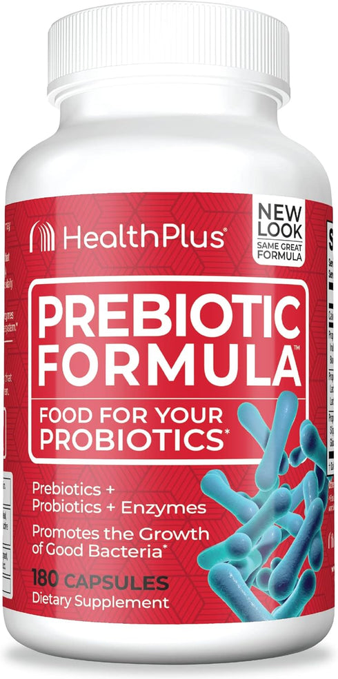 Health Plus Prebiotic Formula - Probiotics + Prebiotics + Digestive Enzymes - Gluten Free, Dairy Free, Natural Herbal Ingredients (180 Capsules, 6...