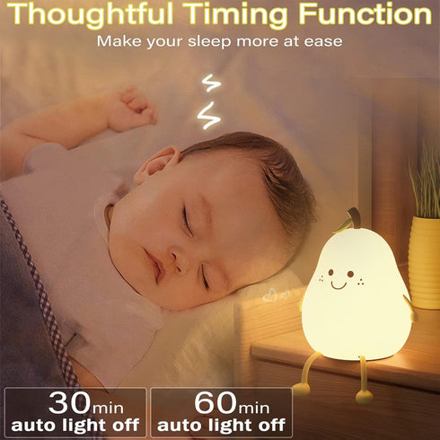 Cute Night Light Rechargeable with 7 Color Changing and Timer, Kids Pear Night Light for Toddler Baby Christmas Gifts, Touch Portable LED Silicone...