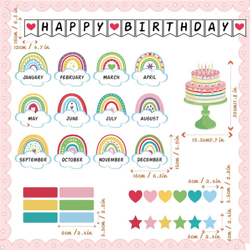 65 Pcs Birthday Bulletin Board Set Rainbow Classroom Happy Boho Birthday Chart Cutouts Decorations Decor Board for Classroom Home Calendar Bulleti...
