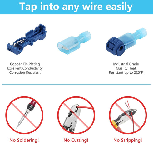 120 Pcs Quick Splice Wire Terminals, Male & Female Blue T-Tap Self-Stripping Quick Splice Connectors, Nylon Fully Insulated Quick Disconnects Kit ...