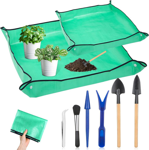 Plant Repotting Mat for Garden, 2 Pcs Waterproof Potting Mat Foldable Indoor Plant Mat Portable Square Gardening Mat Potting Tray with 6 Pcs Mini ...