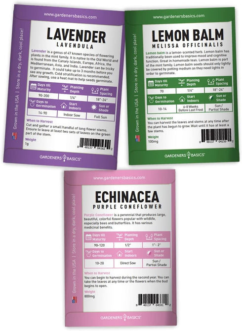 Gardeners Basics, Herbal Tea Seeds for Planting Indoors and Outdoors 5 Variety Packets Echinacea, Peppermint, Lavender, Chamomile and Lemon Balm -...