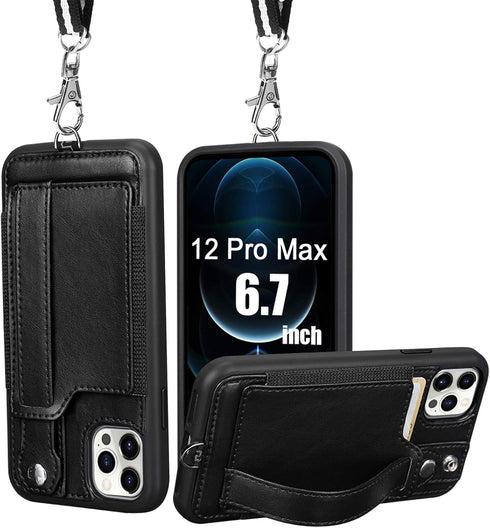 TOOVREN Wallet Case for iPhone 12 Pro Max Lanyard Case with PU Leather Kickstand Detachable Neck Strap Cover for iPhone 12 Pro Max 6.7" for Men Wo...