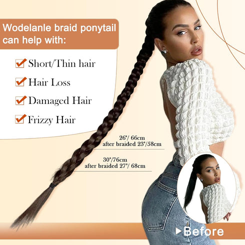 Long Braided Ponytail Extension with Hair Tie Dark Brown Straight Wrap Around Braid Ponytail Hair Extensions Natural Soft Synthetic Hair Piece for...