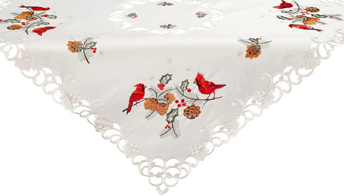 Embroidered Christmas Red Cardinals and Pine Cones on Ivory Table Topper, Small Tablecloth (33 Inch Square)...