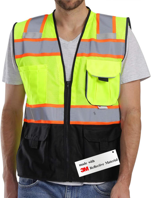 Vest Reflective with Pockets and Zipper, High Visibility Mesh ANSI Class 2, Made with 3M Reflective Tape, Yellow and Black Large...