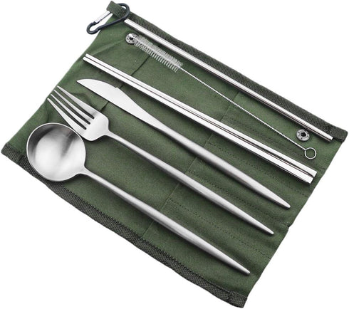 Reusable Travel Utensils, 7 Pieces Portable 18/10 Stainless Steel include Knife Fork Spoon Chopsticks Cleaning Brush Straws Portable Pouch, Eco-fr...