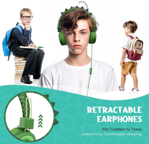 QearFun Dinosaur Headphones for Boys Kids for School,Kids Wired Headphones with Microphone & 3.5mm Jack,Teens Toddlers Noise Cancelling Headphone ...