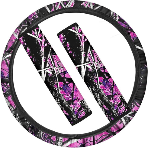 Non-Slip Neoprene Steering Wheel Cover for Women Girls Pink Camo Steering Wheel Protector 3 Packs Steering Accessories Set with Seat Belt Shoulder...