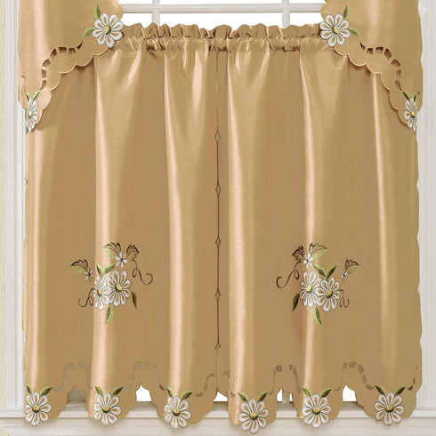 GOHD Cutwork Floral. Kitchen Curtain Set. Swag Valance and Tier Set. Nice Embroidery on Faux Silk Fabric with cutworks. (Bronze)...