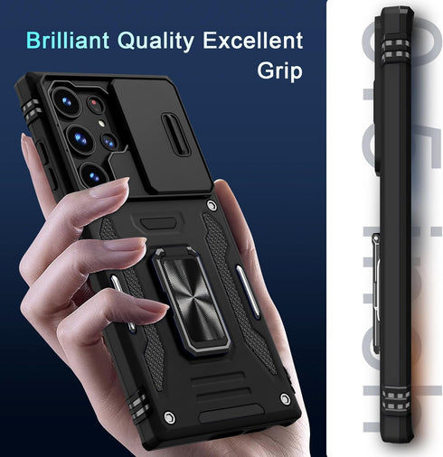 DEERLAMN for Samsung Galaxy S24 Ultra Case with Slide Camera Cover+Screen Protector (1 Pack), Rotated Ring Kickstand Military Grade Shockproof Pro...