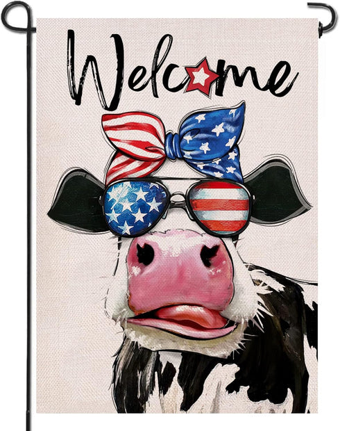 Welcome 4th of July Patriotic Cow Small Decorative Garden Flag, Stars Stripes America USA Memorial Day Farmhouse Yard Outside Decor, American Summ...
