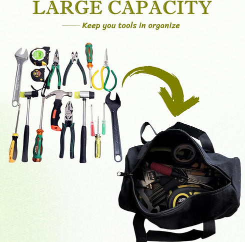 12 Inch Small Tool Bags for Men,Wide Mouth Zipper Tool Storage Bag,Large Capacity Canvas Tool Tote Bag,Portable Multi-Function Tool bag for Storag...