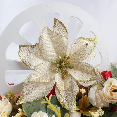 12pcs Glitter Poinsettia Christmas Tree Ornament Artificial Wedding Christmas Flowers Xmas Tree Wreaths Decor Ornament, 5.5inch, Red and Gold for ...