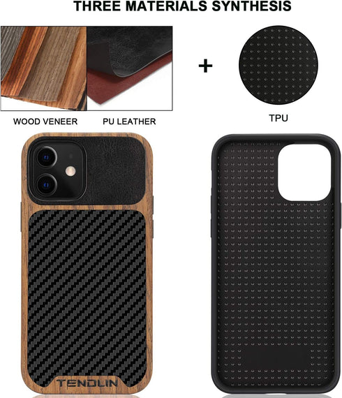 TENDLIN Compatible with iPhone 12 / iPhone 12 Pro Case Wood Grain with Carbon Fiber Texture Design Leather Hybrid Case Black...