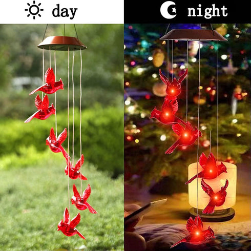 Solar Red Bird Wind Chimes, Color Changing Solar Powered Red Cardinal Bird Wind Chime Wind Moblie LED Light, Mobile Hanging Wind Chimes Portable O...