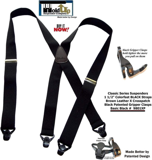 1 1/2" Wide Classic Series Holdups Suspenders for Men in X-back style w/USA Patented No-slip® Silver Clips...