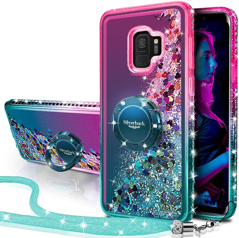 Silverback for Galaxy S9 Case, Moving Liquid Holographic Sparkle Glitter Case with Kickstand, Bling Diamond Rhinestone Bumper Ring Protective Sams...