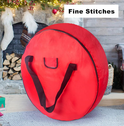 TQS Large Christmas Wreath Storage Bag - 30 Inch, Red, Cotton, Zipper Closure, Reinforced Handles, Double Zippers, Clear Card Slot, Ideal for Chri...