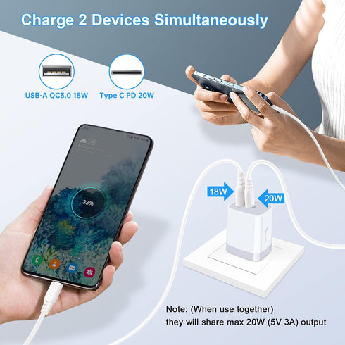 USB C Power Adapter,3Pack 20W 2 Port PD&QC 3.0 Type C Fast Charging Block Wall Charger Compatible for iPhone 16e 16 15 14 13 12 11 Pro Max,SE,iPad...