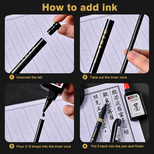 Maxmartt 3 Pcs Ink Pen Artist 3 Size Calligraphy Pen for Writing Drawing Chinese Japanese Calligraphy Shodo Brush Ink Pen Fineliner Pens Calligrap...